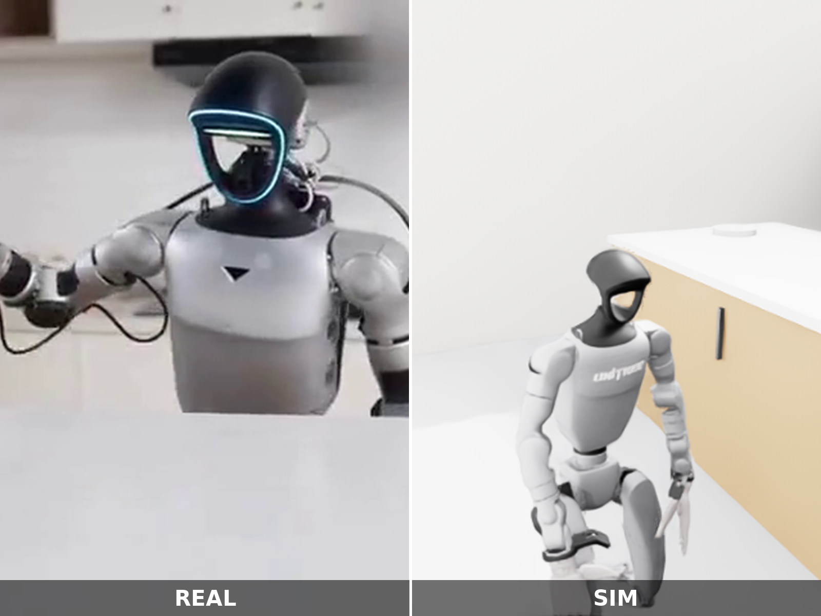 Side-by-side: real kitchen (left) and simulation twin (right) of the G1 counter-wipe task